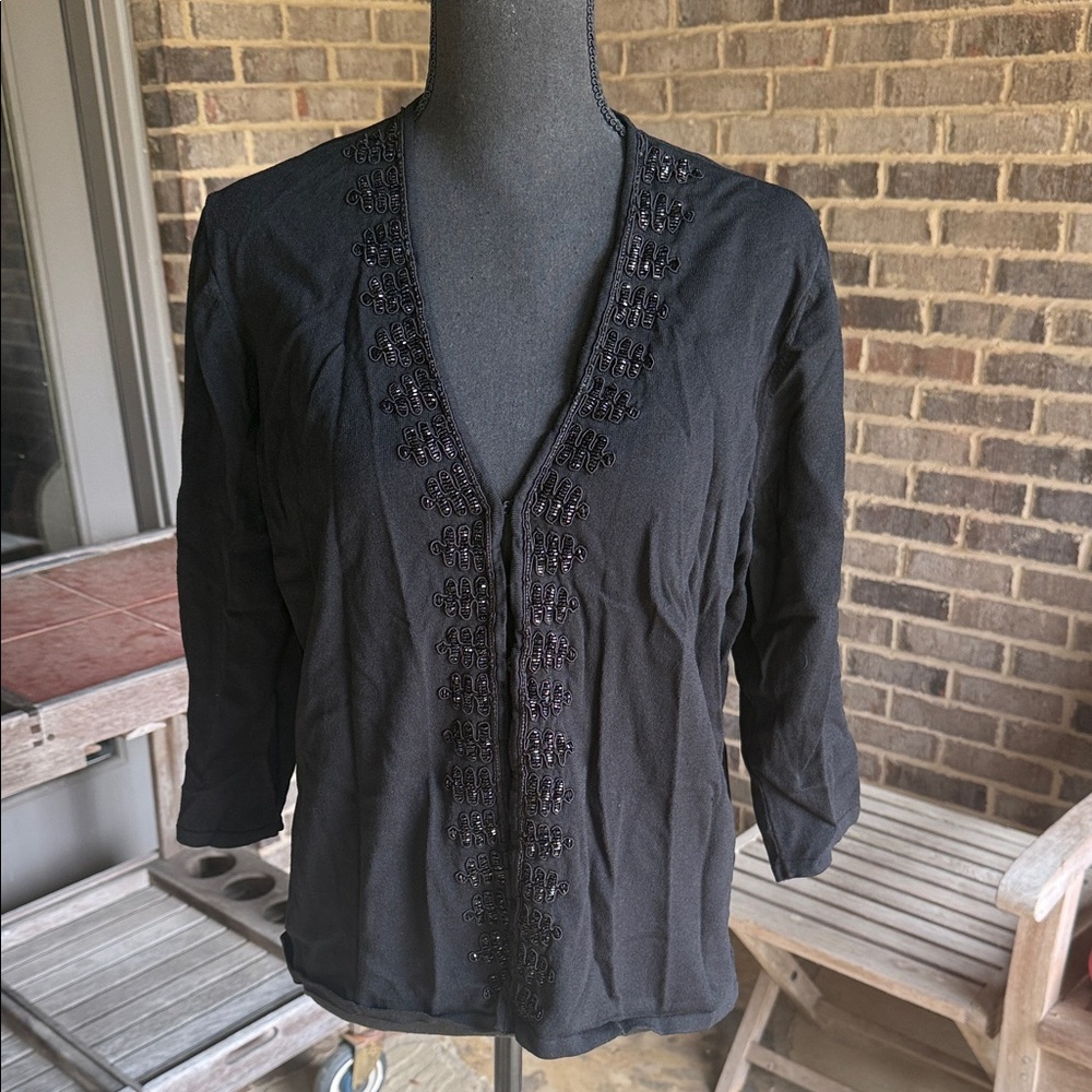 Jones New York Black Beaded V-Neck Blouse